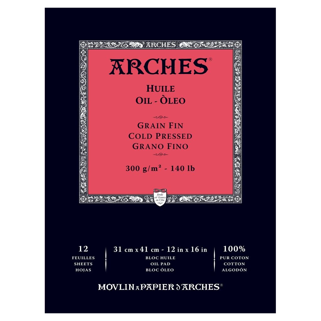 Arches Oil- Huile - 31 cm x 41 cm White Fine Grain / Cold Press 300 GSM Paper, Short Side Glued Pad of 12 Sheets