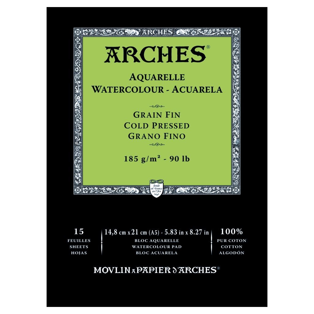 Arches Watercolour- Aquarelle - A5 (14.8 cm x 21 cm) Natural White Fine Grain / Cold Press 185 GSM Paper, Short Side Glued Pad of 15 Sheets