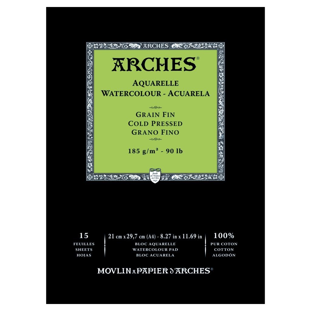 Arches Watercolour- Aquarelle - A4 (21 cm x 29.7 cm) Natural White Fine Grain / Cold Press 185 GSM Paper, Short Side Glued Pad of 15 Sheets