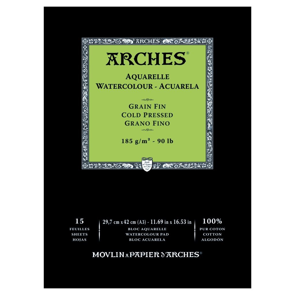 Arches Watercolour- Aquarelle - A3 (29.7 cm x 42 cm) Natural White Fine Grain / Cold Press 185 GSM Paper, Short Side Glued Pad of 15 Sheets