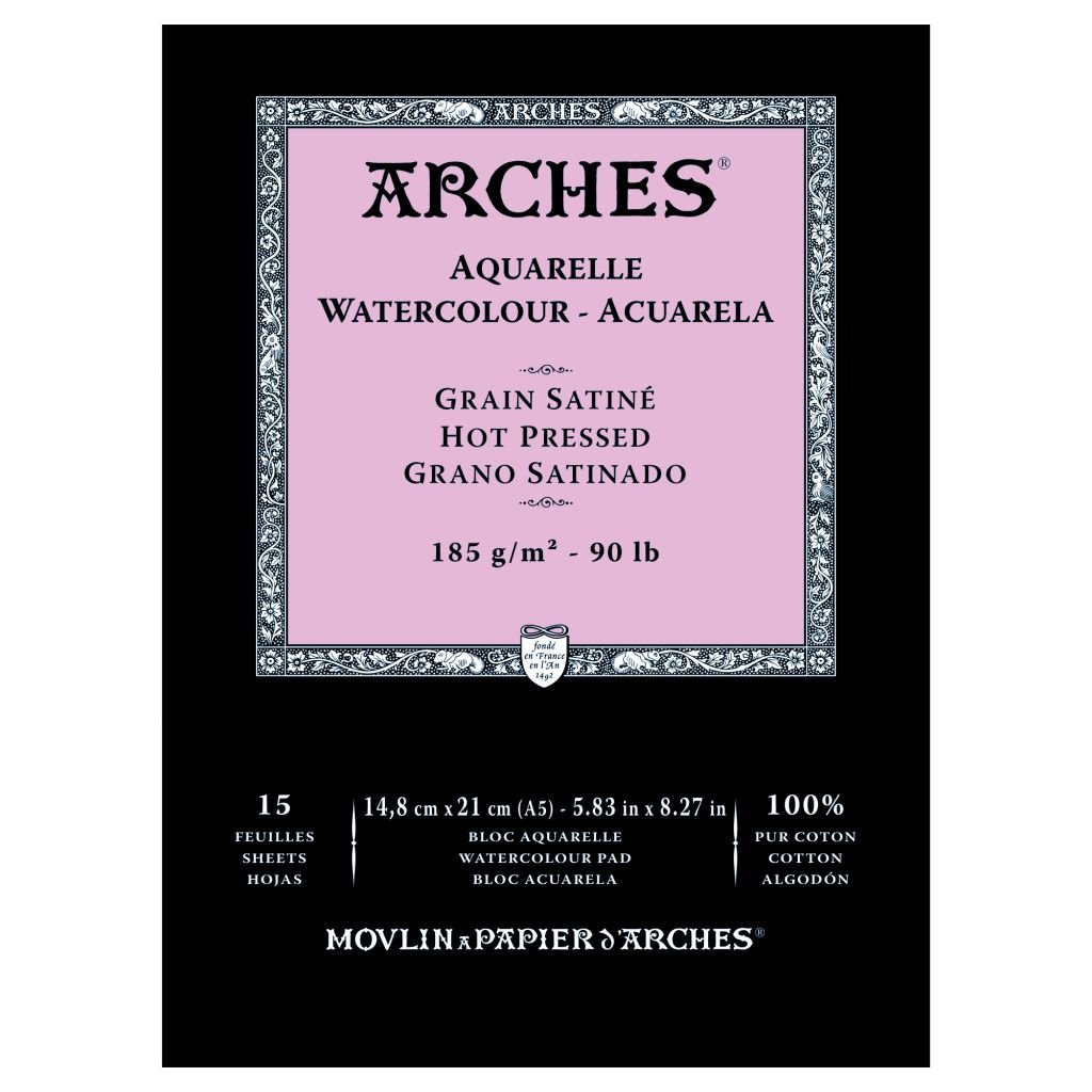 Arches Watercolour- Aquarelle - A5 (14.8 cm x 21 cm) Natural White Satin Grain / Hot Press 185 GSM Paper, Short Side Glued Pad of 15 Sheets