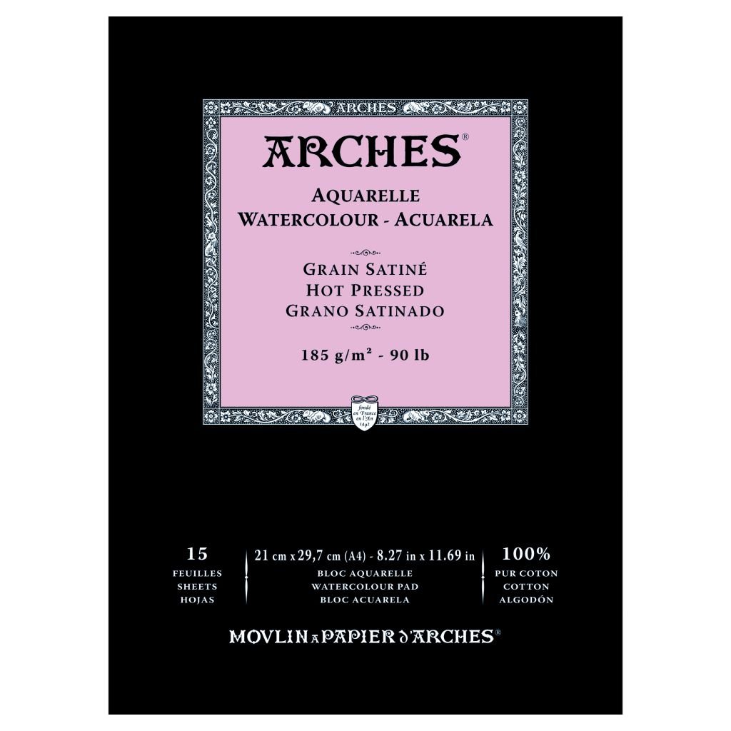 Arches Watercolour- Aquarelle - A4 (21 cm x 29.7 cm) Natural White Satin Grain / Hot Press 185 GSM Paper, Short Side Glued Pad of 15 Sheets