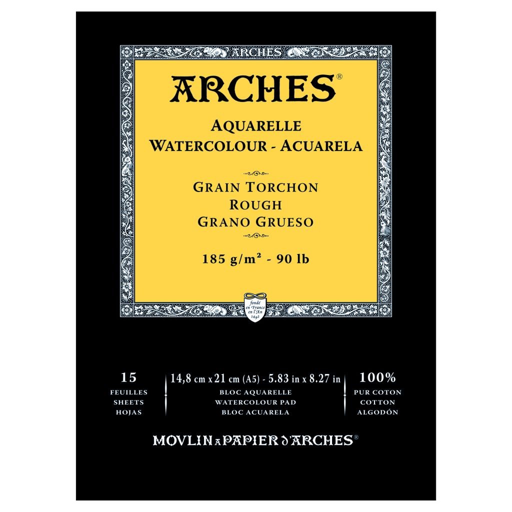 Arches Watercolour- Aquarelle - A5 (14.8 cm x 21 cm) Natural White Rough Grain 185 GSM Paper, Short Side Glued Pad of 15 Sheets
