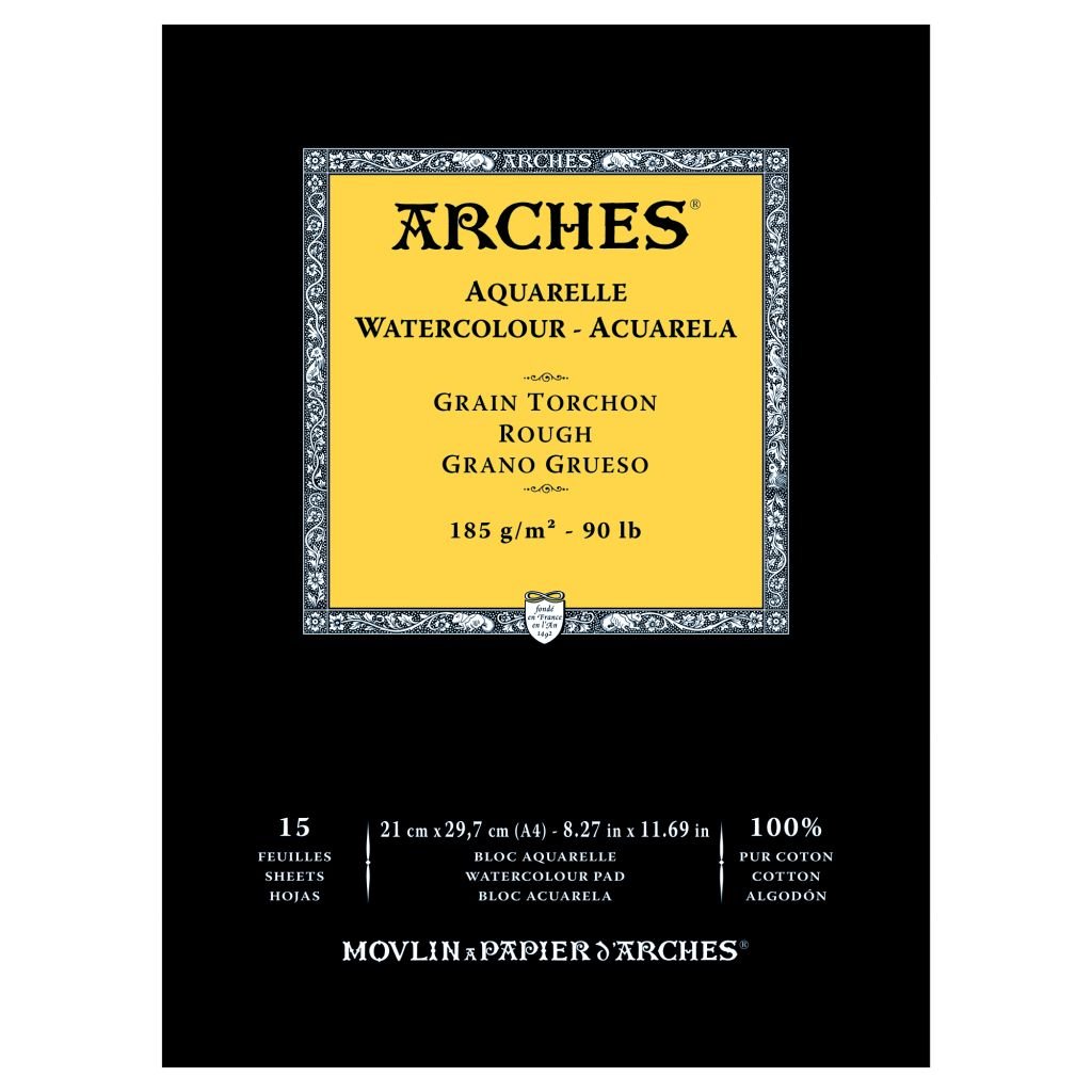Arches Watercolour- Aquarelle - A4 (21 cm x 29.7 cm) Natural White Rough Grain 185 GSM Paper, Short Side Glued Pad of 15 Sheets
