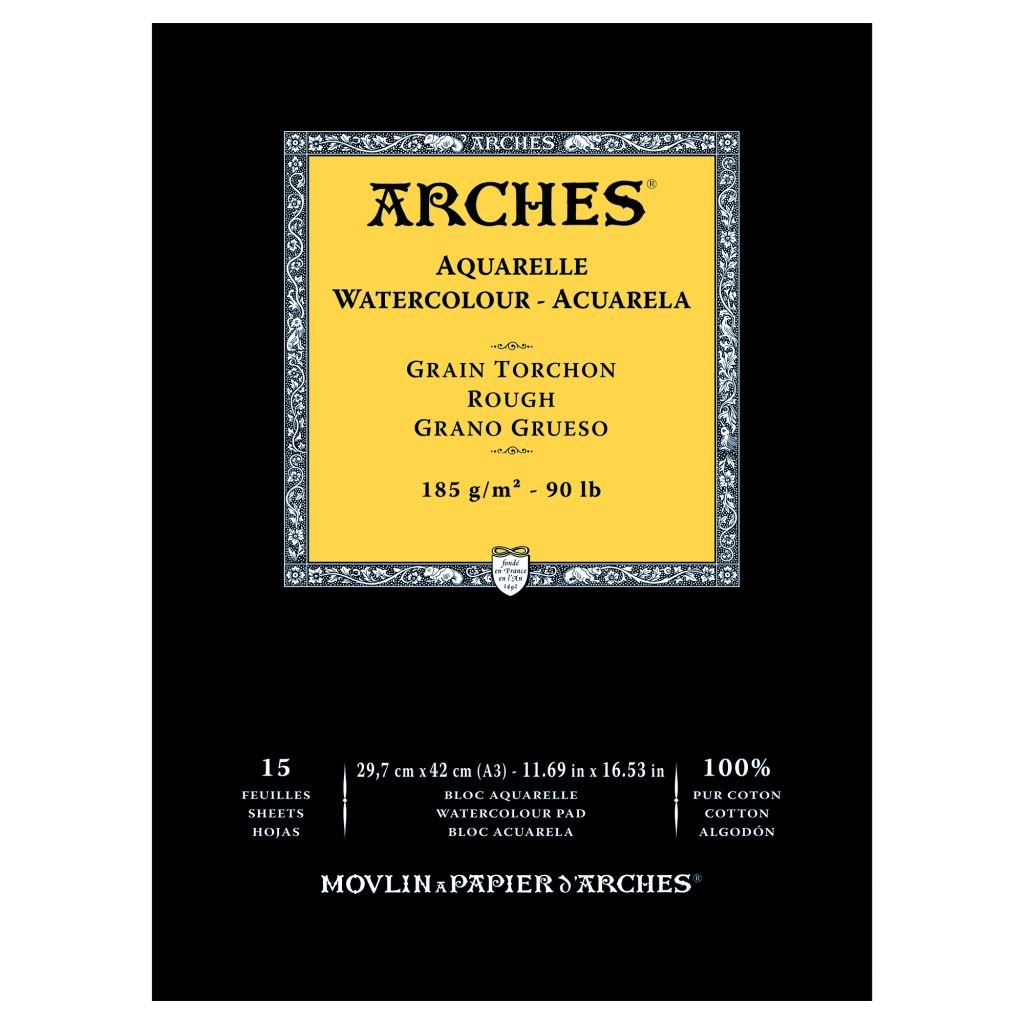 Arches Watercolour- Aquarelle - A3 (29.7 cm x 42 cm) Natural White Rough Grain 185 GSM Paper, Short Side Glued Pad of 15 Sheets