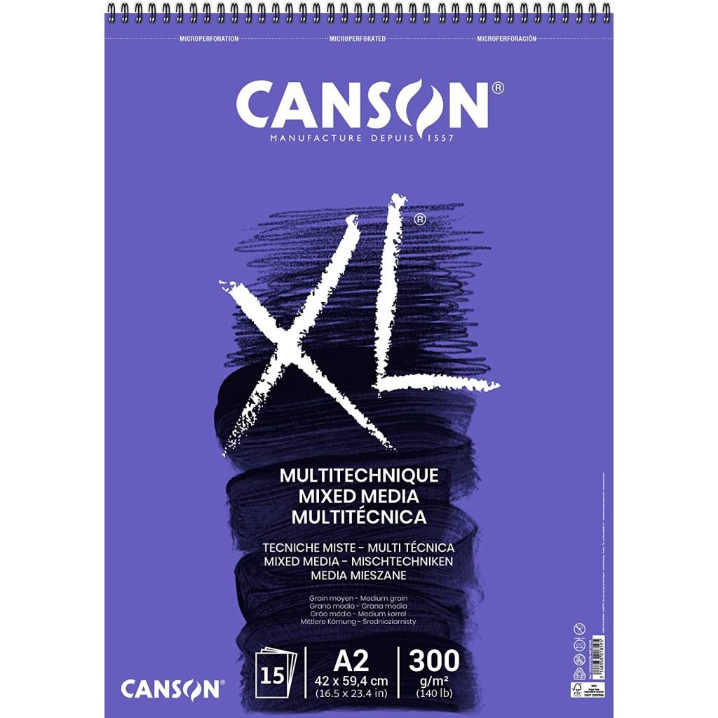 Canson XL Mix Media - 300 GSM A2 (42x 59.4 cm or 16.5 x 23.4'') - Album of 15 Medium Grain Sheets