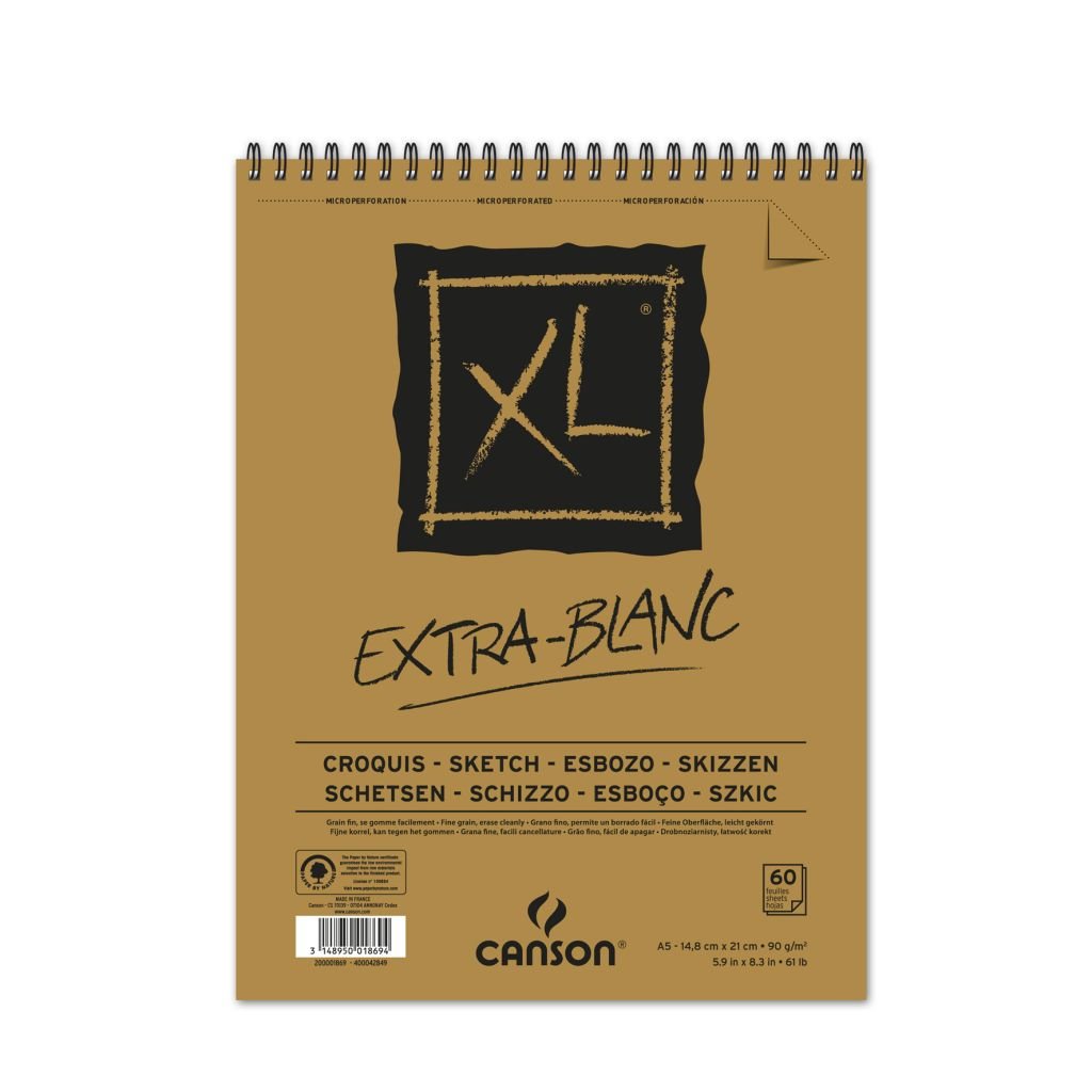 Canson XL Extra White - Drawing & Sketching Paper - 90 GSM A5 (14.8x 21 cm or 5.9 x 8.3'') - Album of 60 Fine Grain Sheets