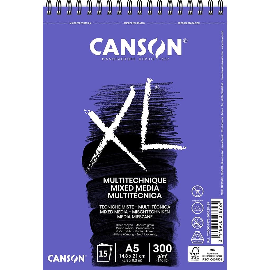 Canson XL Mix Media - 300 GSM A5 (14.8x 21 cm or 5.9 x 8.3'') - Album of 15 Medium Grain Sheets