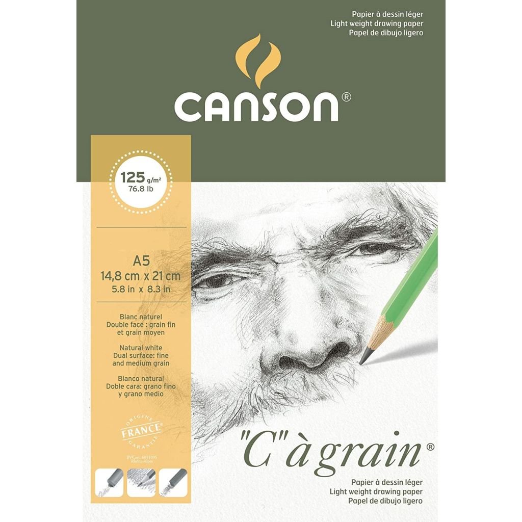 Canson C a' Grain Heavyweight Drawing Paper - Fine Grain 125 GSM A5 Poly Pack - 20 Sheets