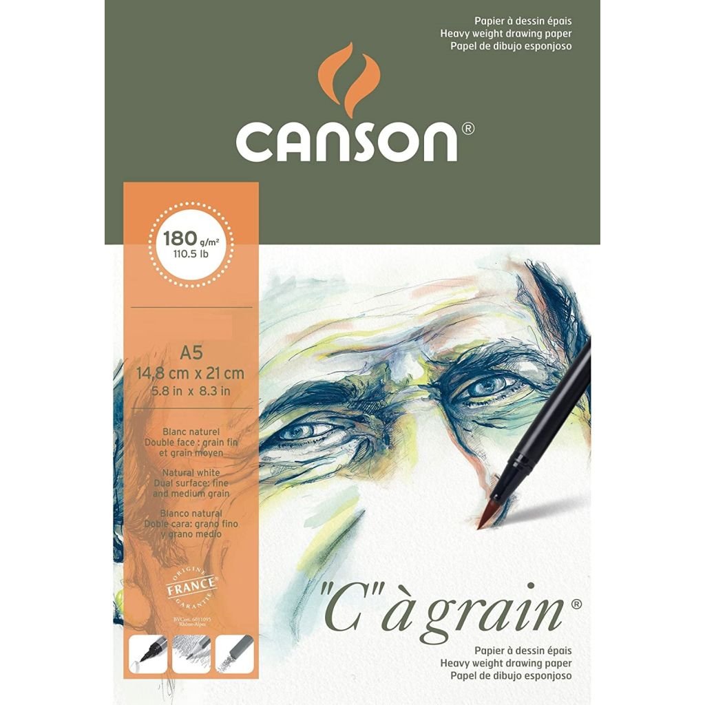 Canson C a' Grain Heavyweight Drawing Paper - Fine Grain 180 GSM A5 Poly Pack - 20 Sheets