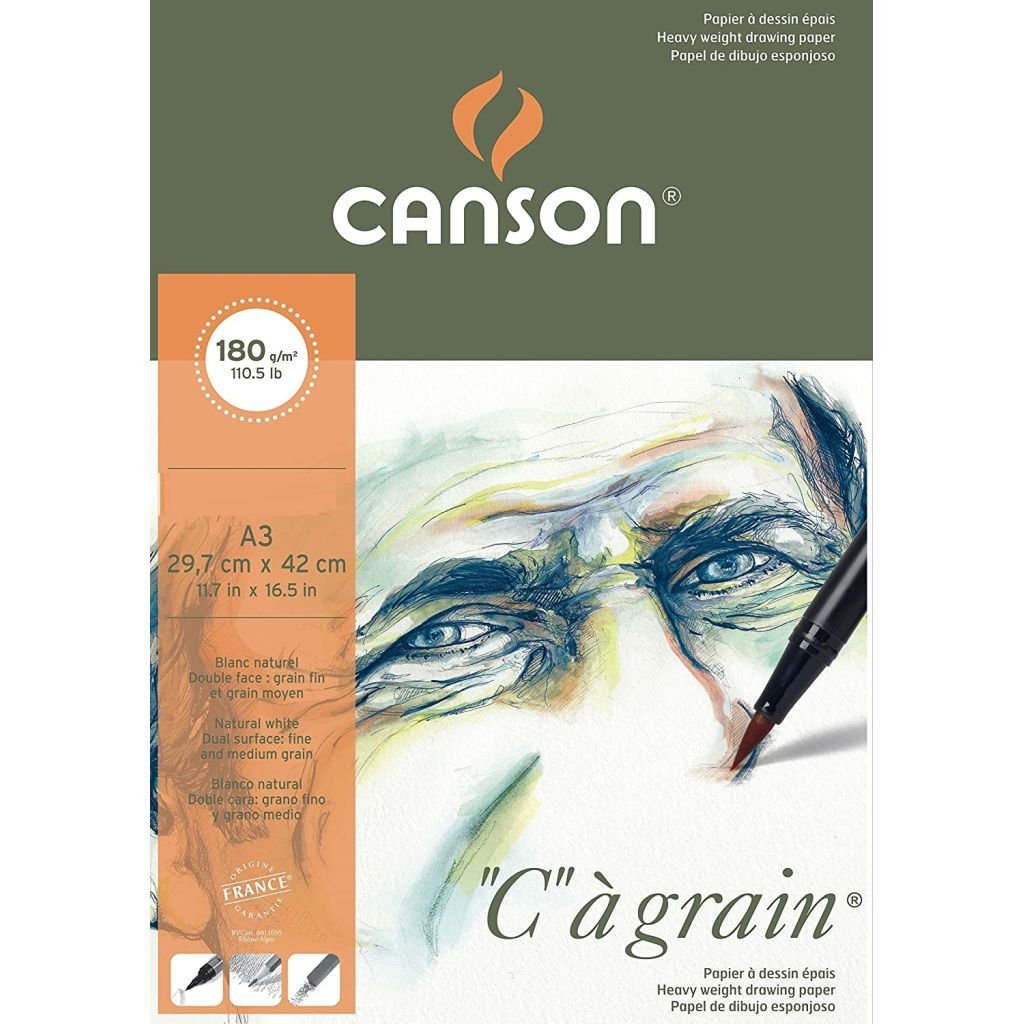 Canson C a' Grain Heavyweight Drawing Paper - Fine Grain 180 GSM A3 Poly Pack - 5 Sheets
