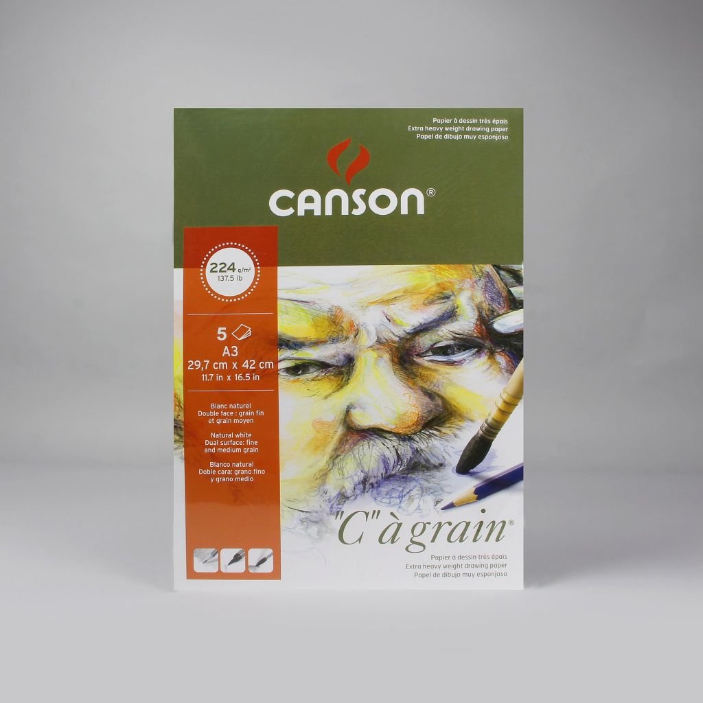 Canson C a' Grain Heavyweight Drawing Paper - Fine Grain 224 GSM A3 Poly Pack - 5 Sheets