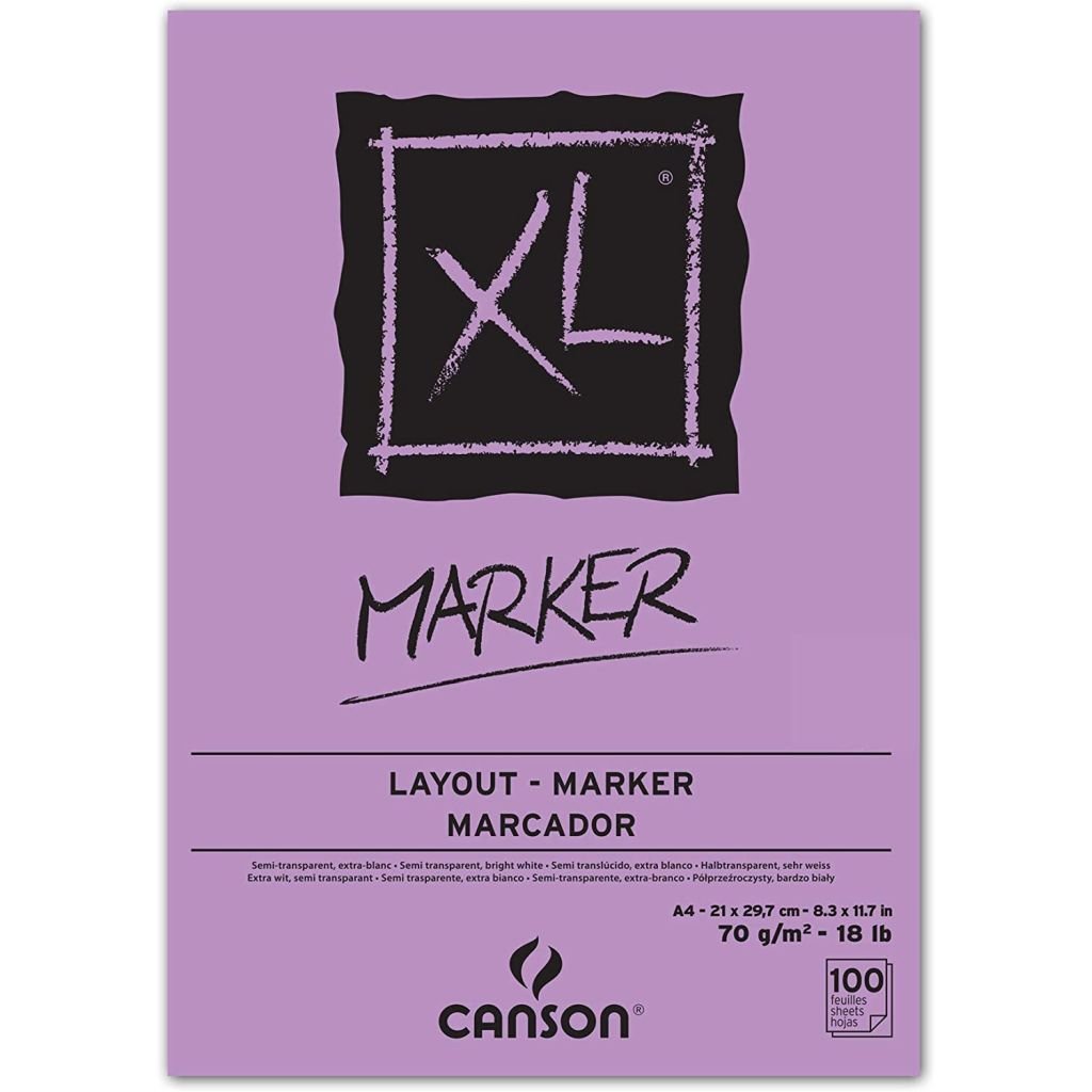 Canson XL Marker Paper - 70 GSM A4 (21x 29.7 cm or 8.3 x 11.7'') - Pad of 100 Smooth Sheets