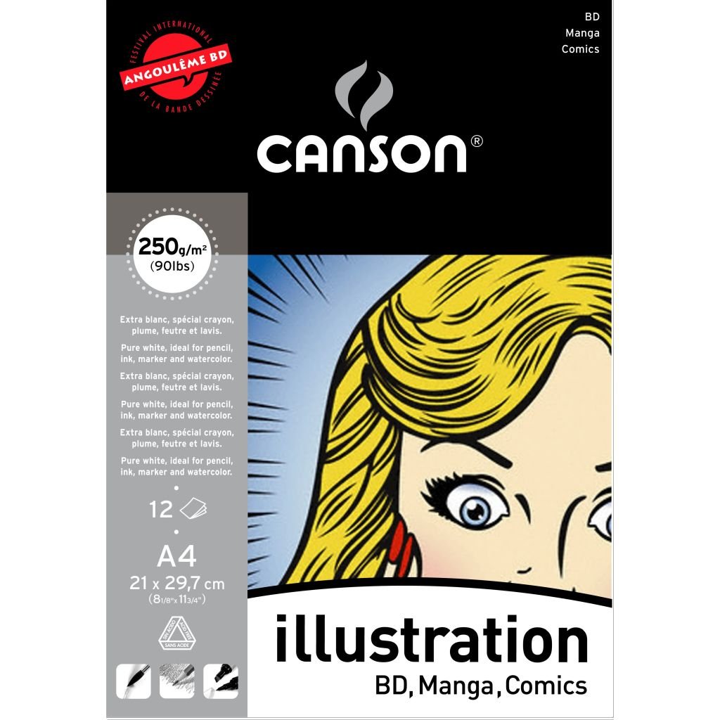 Canson Illustration Pad - Smooth 250 GSM - 21.6 x 27.9 cm or 8.5 x 11'' - Pad of 12 Sheets