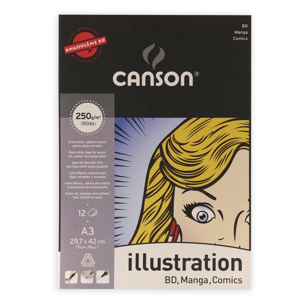 Canson Illustration Pad - Smooth 250 GSM - 29.7 x 42 cm or 11.7 x 16.5'' - Pad of 12 Sheets