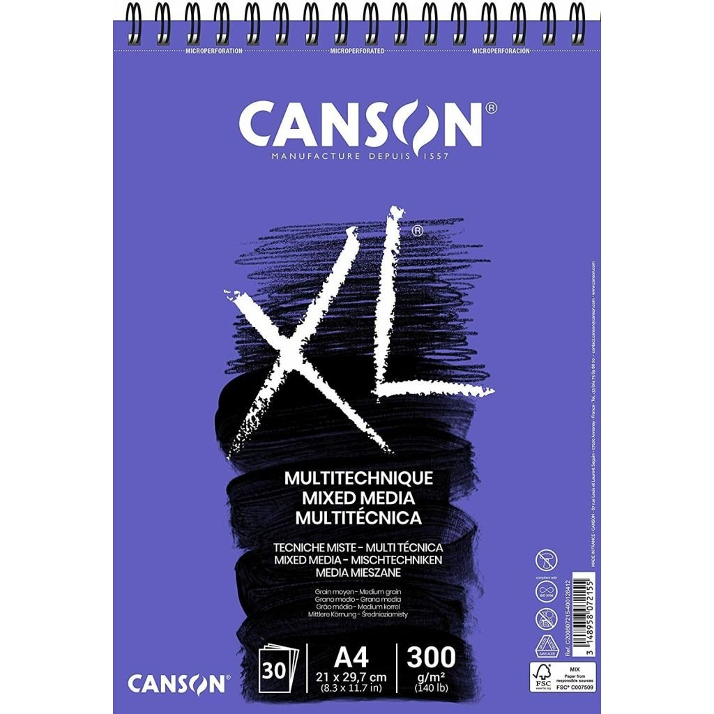 Canson XL Mix Media - 300 GSM A4 (21x 29.7 cm or 8.3 x 11.7'') - Album of 30 Medium Grain Sheets
