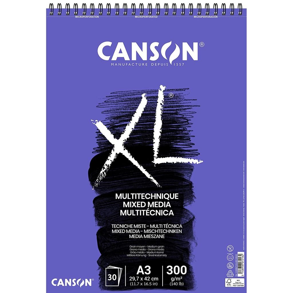 Canson XL Mix Media - 300 GSM A3 (29.7x 42 cm or 11.7 x 16.5'') - Album of 30 Medium Grain Sheets