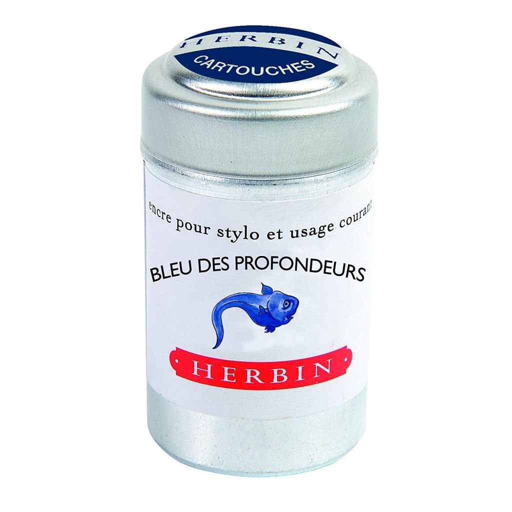 J. Herbin Fountain Pen Ink Cartridges - Bleu Des Profondeurs (Ocean Depths Blue) - Tin Box of 6