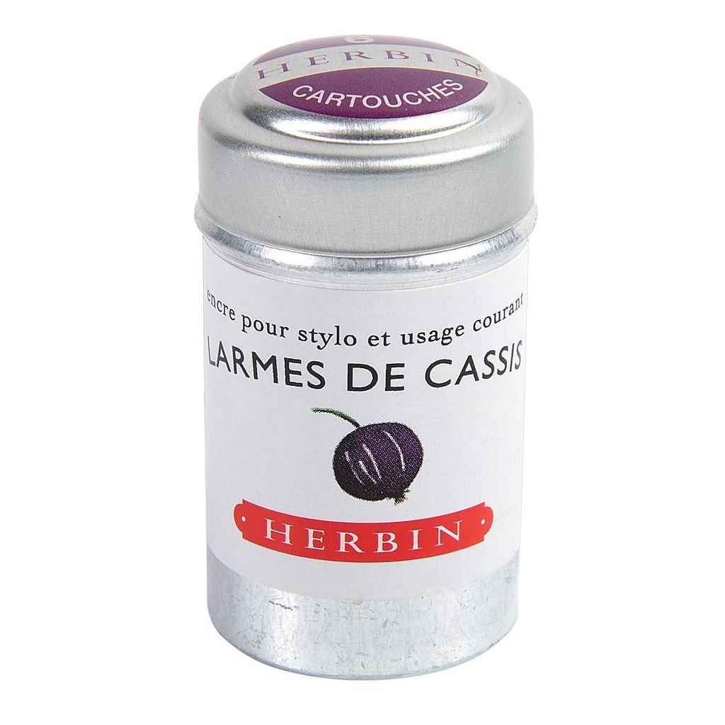 J. Herbin Fountain Pen Ink Cartridges - Larmes De Cassis (Tears of Black Currant Purple) - Tin Box of 6