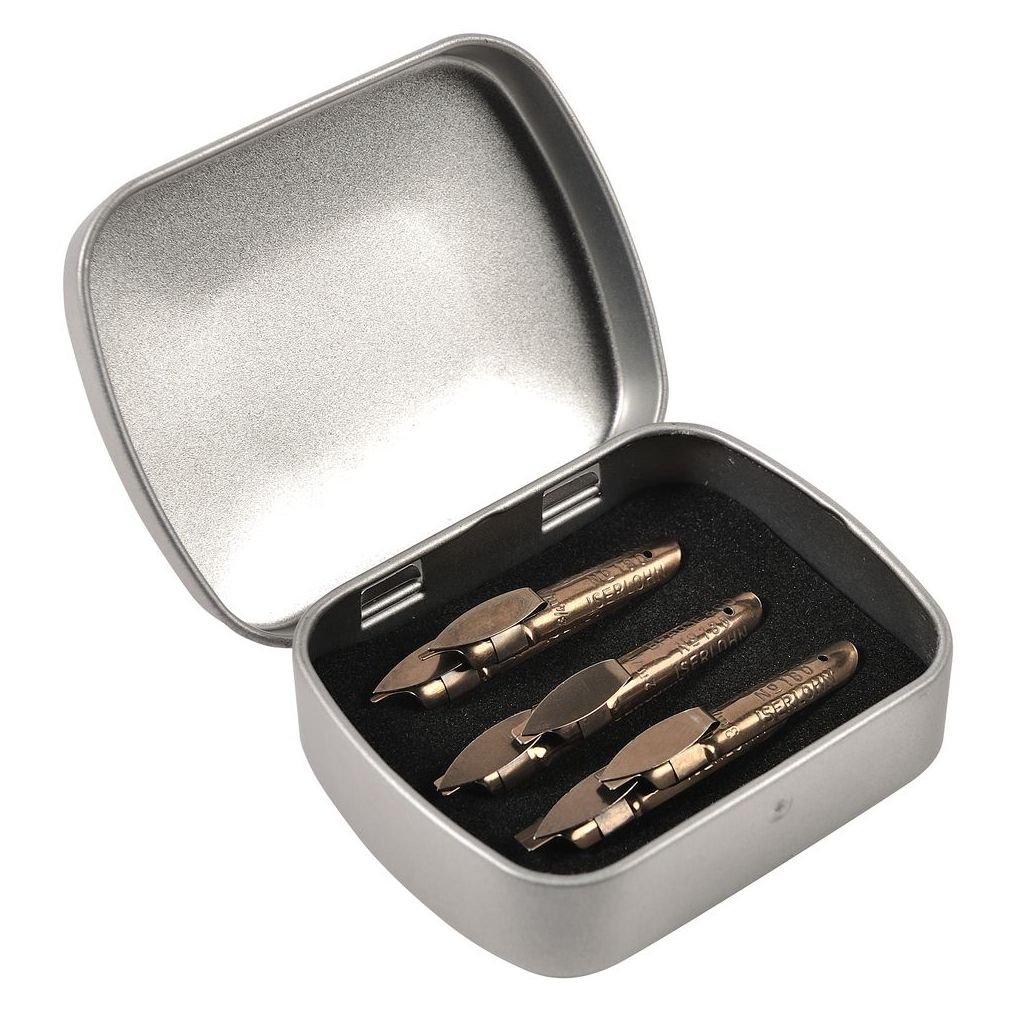 Brause Calligraphy Nibs - Bandzug - Set of 6 in Tin Box - 0.7 MM / 2 MM / 3 MM