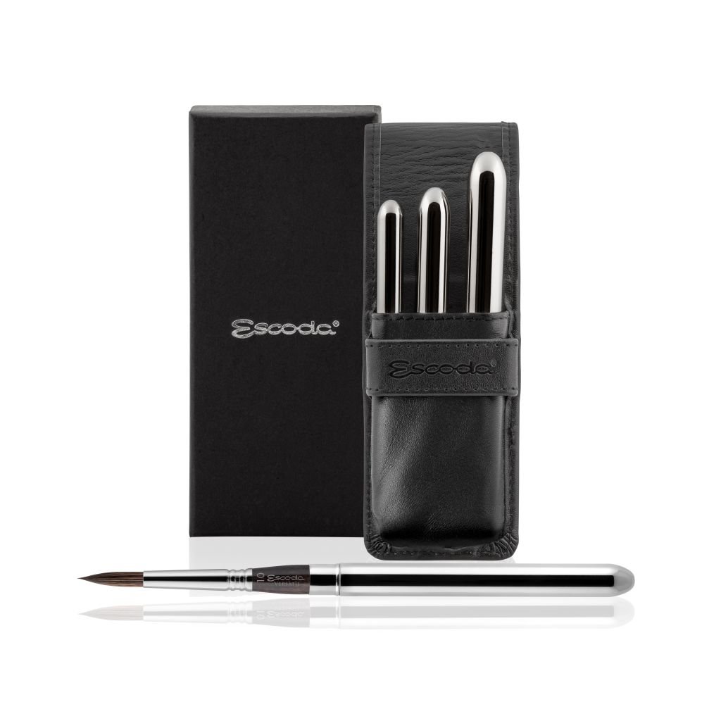 Escoda Versatil Synthetic Kolinsky Sable Hair Brushes - Series 1548 - Round Pointed - Travel Brush - Short Handle - Set of 3 in a Black Leather Case - Sizes: 2, 6 and 10