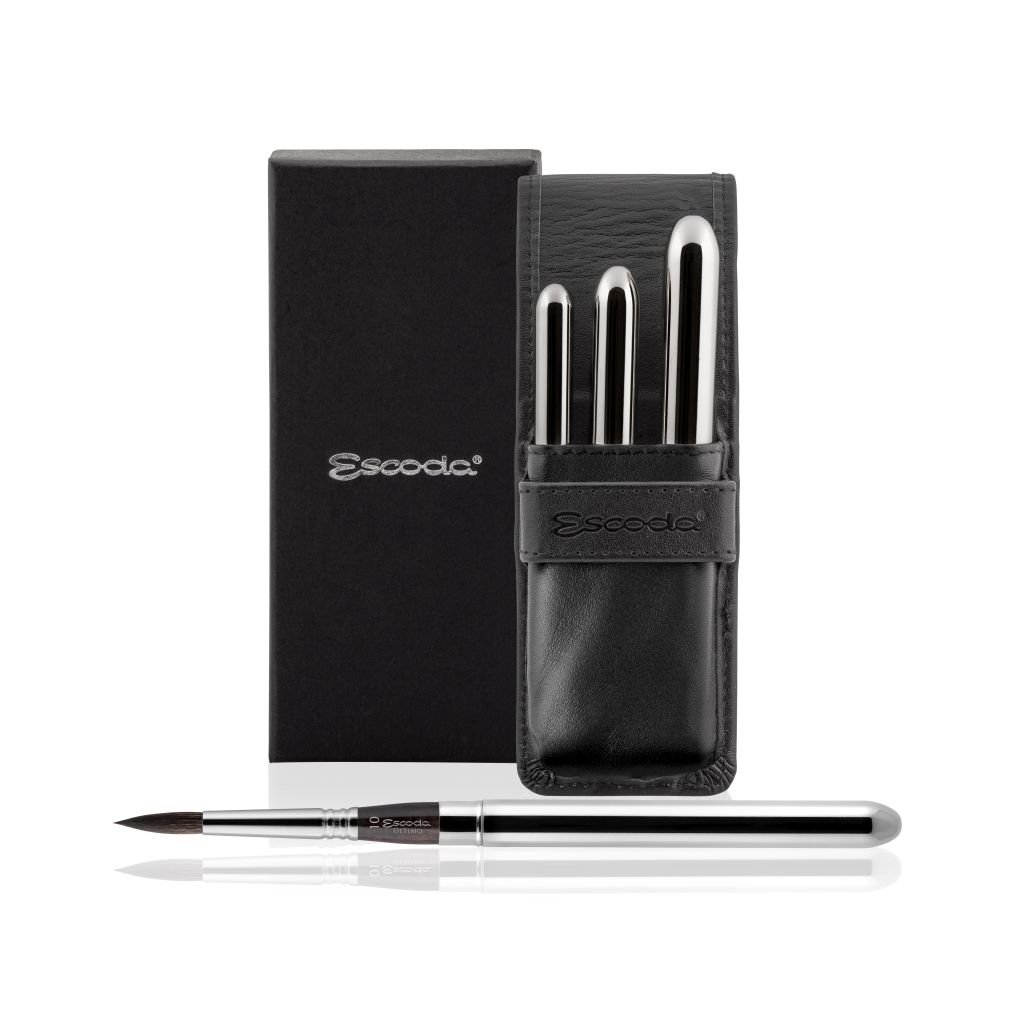 Escoda Ultimo Tendo Synthetic Squirrel Hair Brushes - Series 1526 - Round Pointed - Travel Brush - Short Handle - Set of 3 in a Black Leather Case - Sizes: 2, 6 and 10