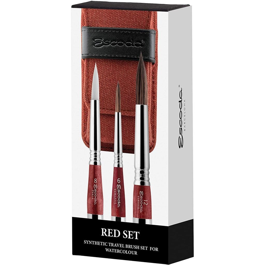 Escoda Red Synthetic Canvas Travel Brush Set – 6 & 12 Travel Round Pointed Brushes in Versatil & 8 Travel Round Pointed Brush in Perla
