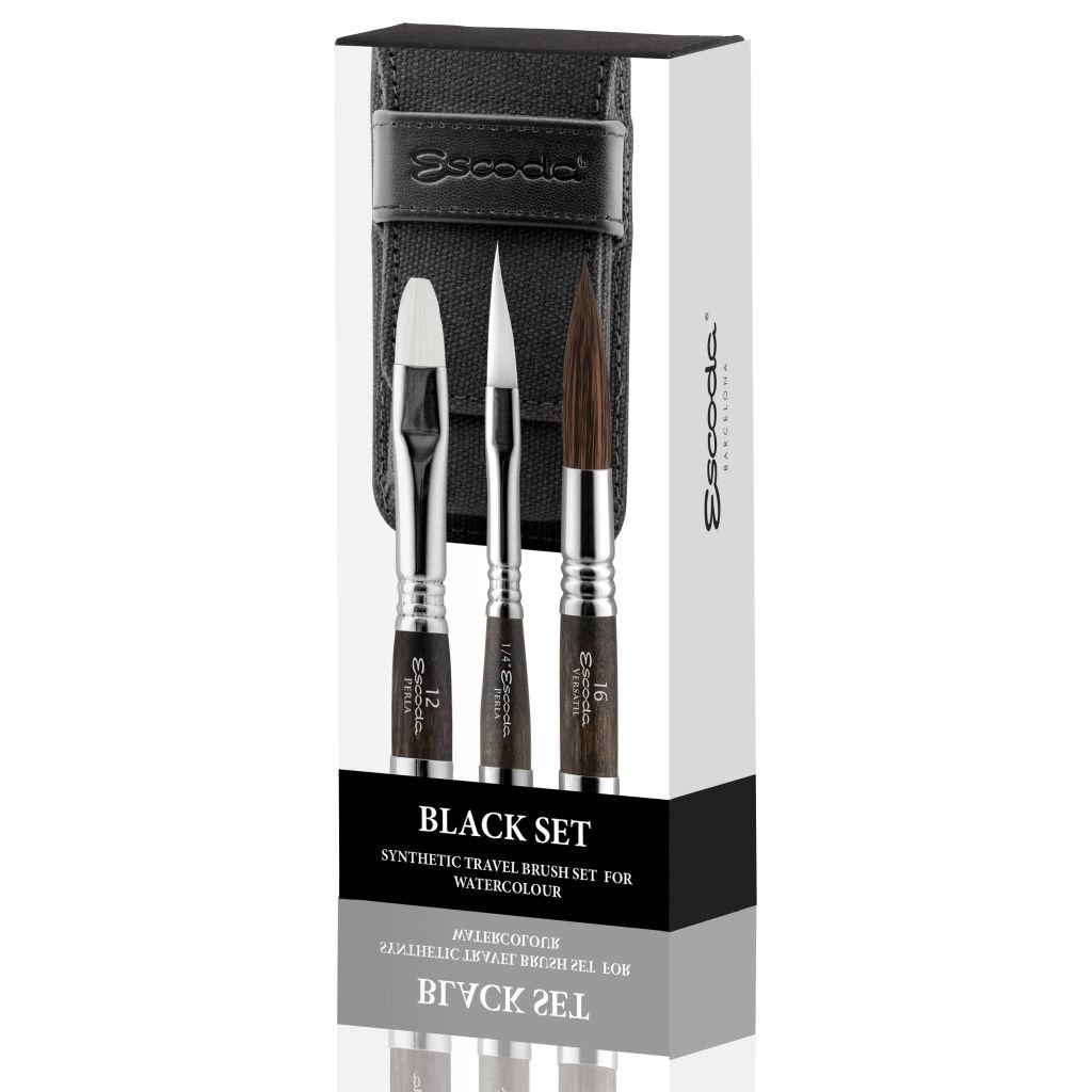 Escoda Black Synthetic Canvas Travel Brush Set – 1/4” Travel Dagger Brush in Perla, 12 Travel Bright Brush in Perla & 16 Travel Round Pointed Brush in Versatil