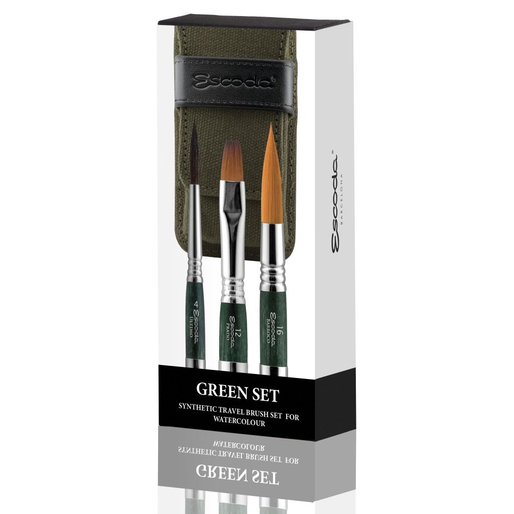 Escoda Green Synthetic Canvas Travel Brush Set – 4 Travel Long Round Pointed Brush in Ultimo, 12 Travel Bright Brush in Prado & 16 Travel Round Pointed Brush in Barroco