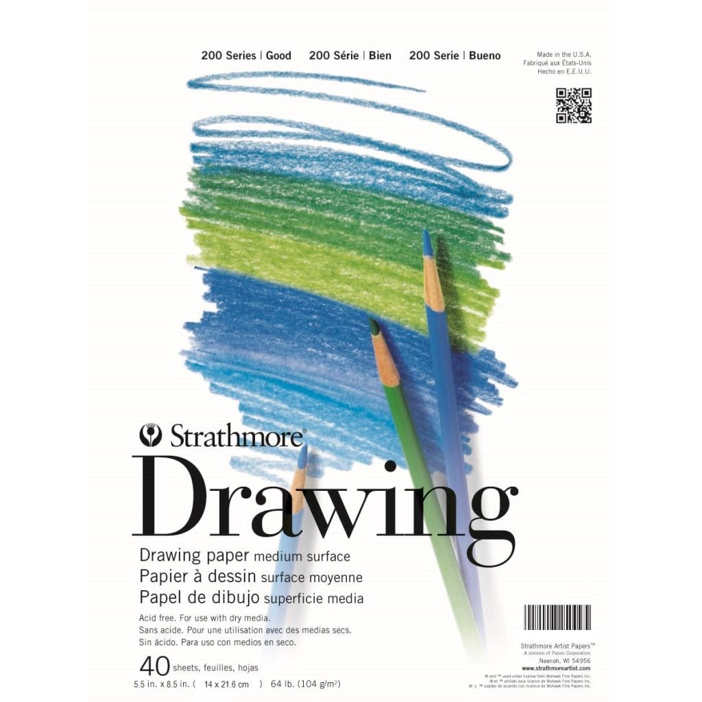 Strathmore 200 Series Drawing 5.5''x8.5'' White Fine Tooth 104 GSM Paper, Short-Side Tape Bound Pad of 40 Sheets