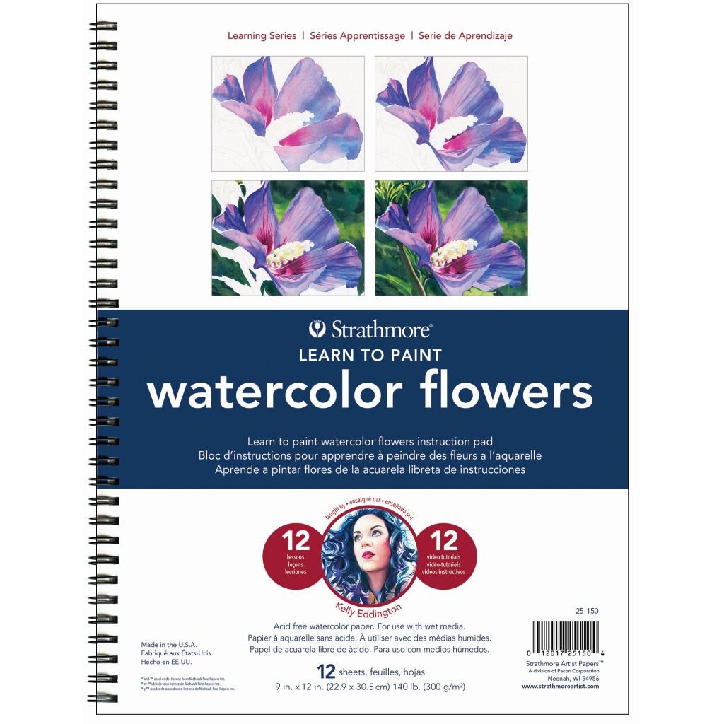 Strathmore Learning Series Learn to Paint - Watercolour Flowers 9'' x 12'' Natural White Fine Grain 300 GSM Long Side Spiral Art Book of 12 Sheets