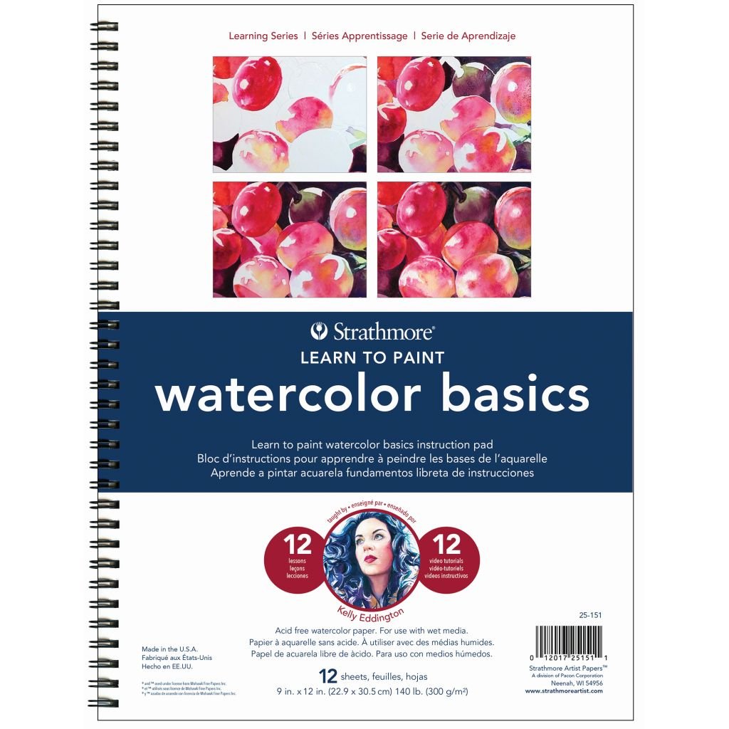 Strathmore Learning Series Learn to Paint - Watercolour Basic 9'' x 12'' Natural White Fine Grain 300 GSM Long Side Spiral Art Book of 12 Sheets