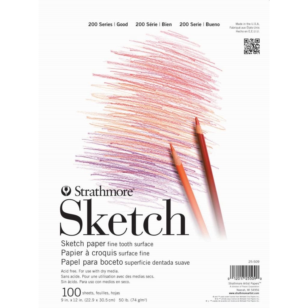 Strathmore 200 Series Sketch 9''x12'' White Fine Tooth 74 GSM Paper, Short-Side Tape Bound Pad of 100 Sheets