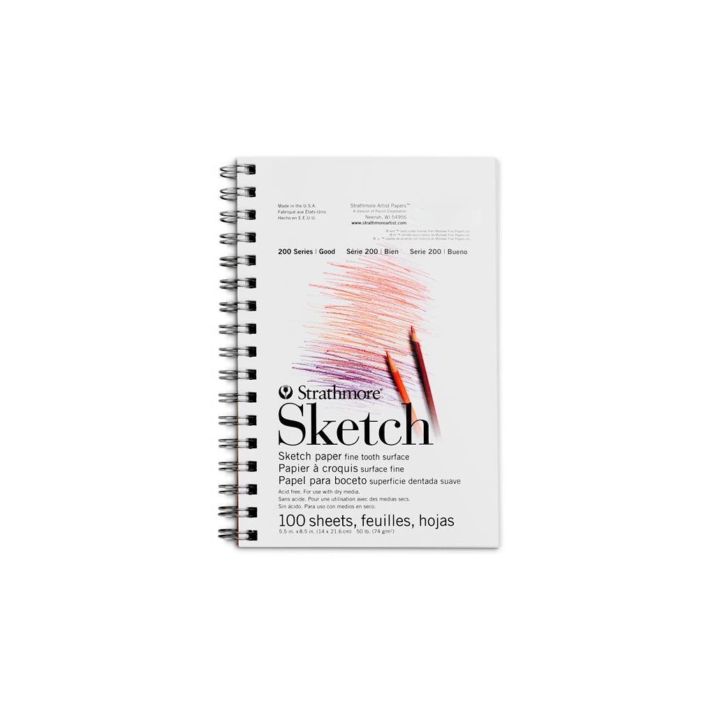 Strathmore 200 Series Sketch 8.5''x5.5'' White Fine tooth 74 GSM Paper, Long-Side Spiral Bound Album of 100 Sheets