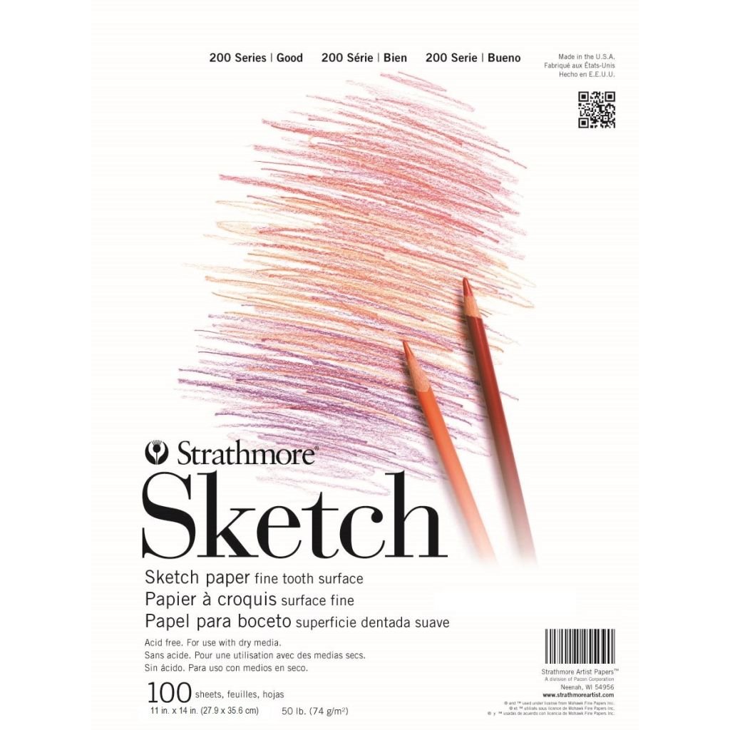 Strathmore 200 Series Sketch 11''x14'' White Fine Tooth 74 GSM Paper, Short-Side Tape Bound Pad of 100 Sheets