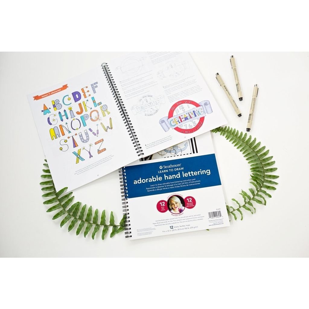 Strathmore Learning Series Learn to Draw - Adorable Hand Lettering 9'' x 12'' Natural White Smooth 270 GSM Long Side Spiral Art Book of 12 Sheets