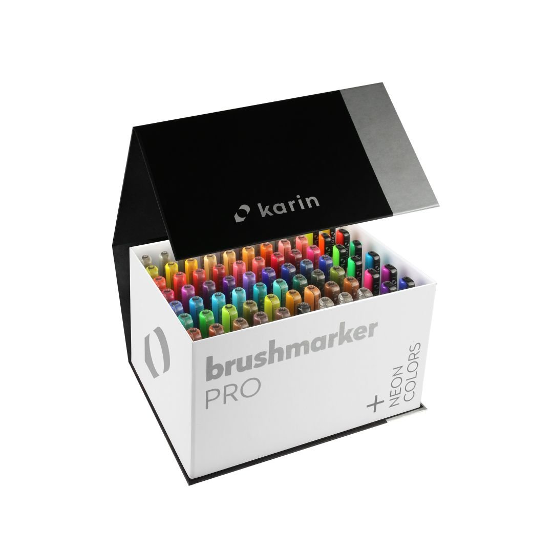 Karin Brushmarker PRO - Water-Based - Brush Tip - Mega Box Plus Set of 72 Colours + 3 Blender