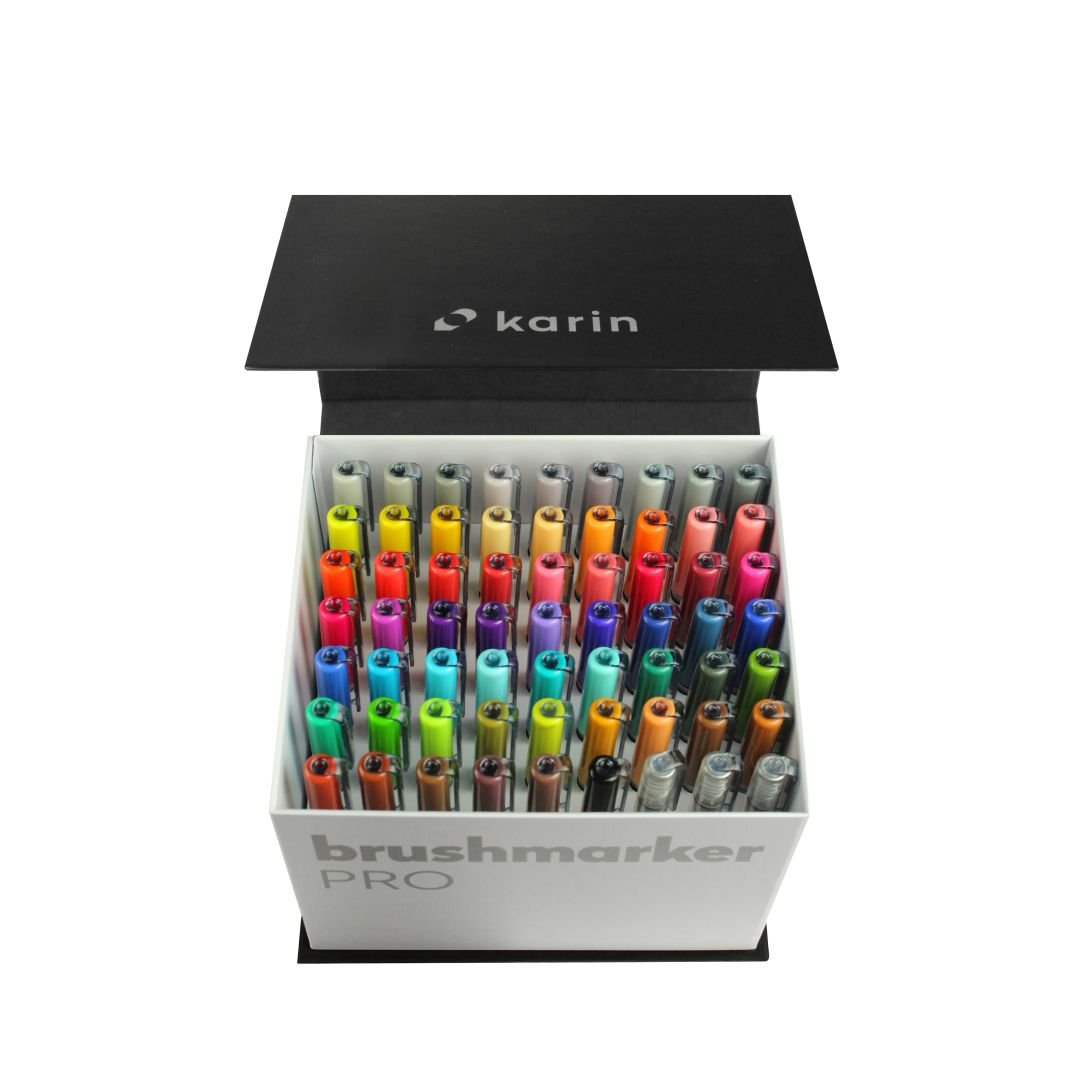Karin Brushmarker PRO - Water-Based - Brush Tip - Mega Box Set of 60 Colours +  3 Blender