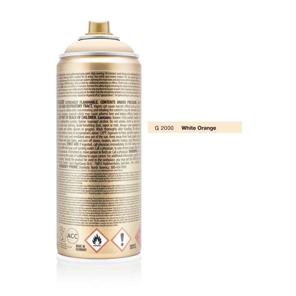 Montana Gold Acrylic Professional Spray Paint - 400 ML Can - White Orange (G 2000)