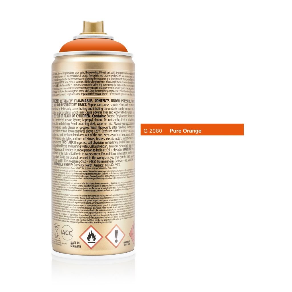 Montana Gold Acrylic Professional Spray Paint - 400 ML Can - Pure Orange (G 2080)