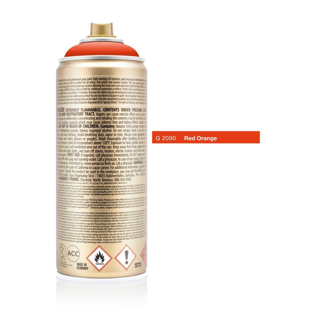 Montana Gold Acrylic Professional Spray Paint - 400 ML Can - Red Orange (G 2090)