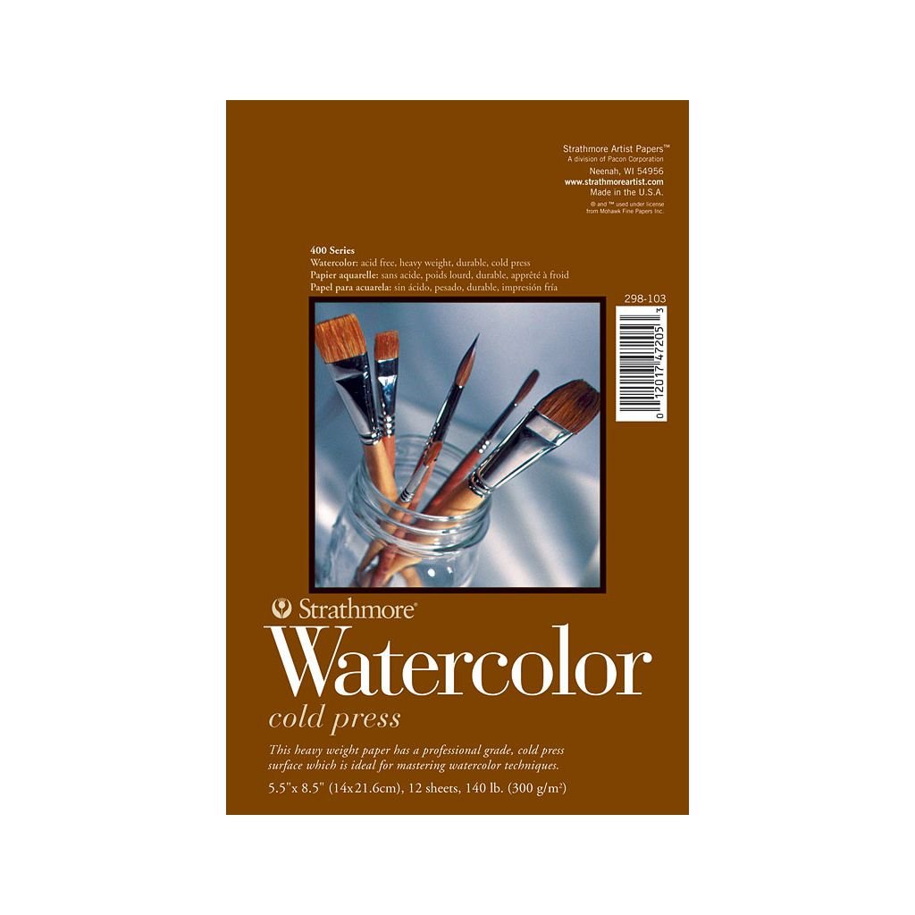 Strathmore 400 Series Watercolor 5.5''x8.5'' Natural White Medium Grain 300 GSM Paper, Long-Side Tape Bound Pad of 12 Sheets