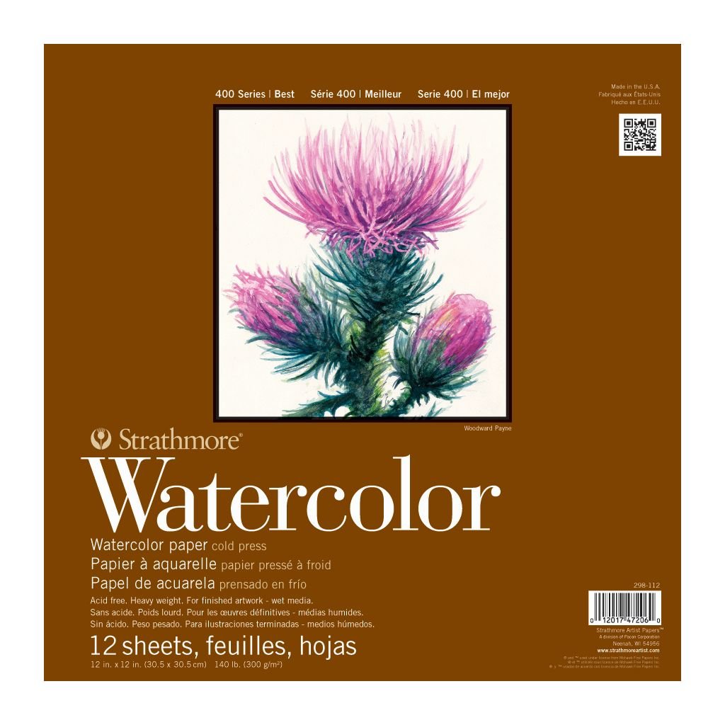 Strathmore 400 Series Watercolor 12''x12'' Natural White Medium Grain 300 GSM Paper, Left-Side Tape Bound Pad of 12 Sheets