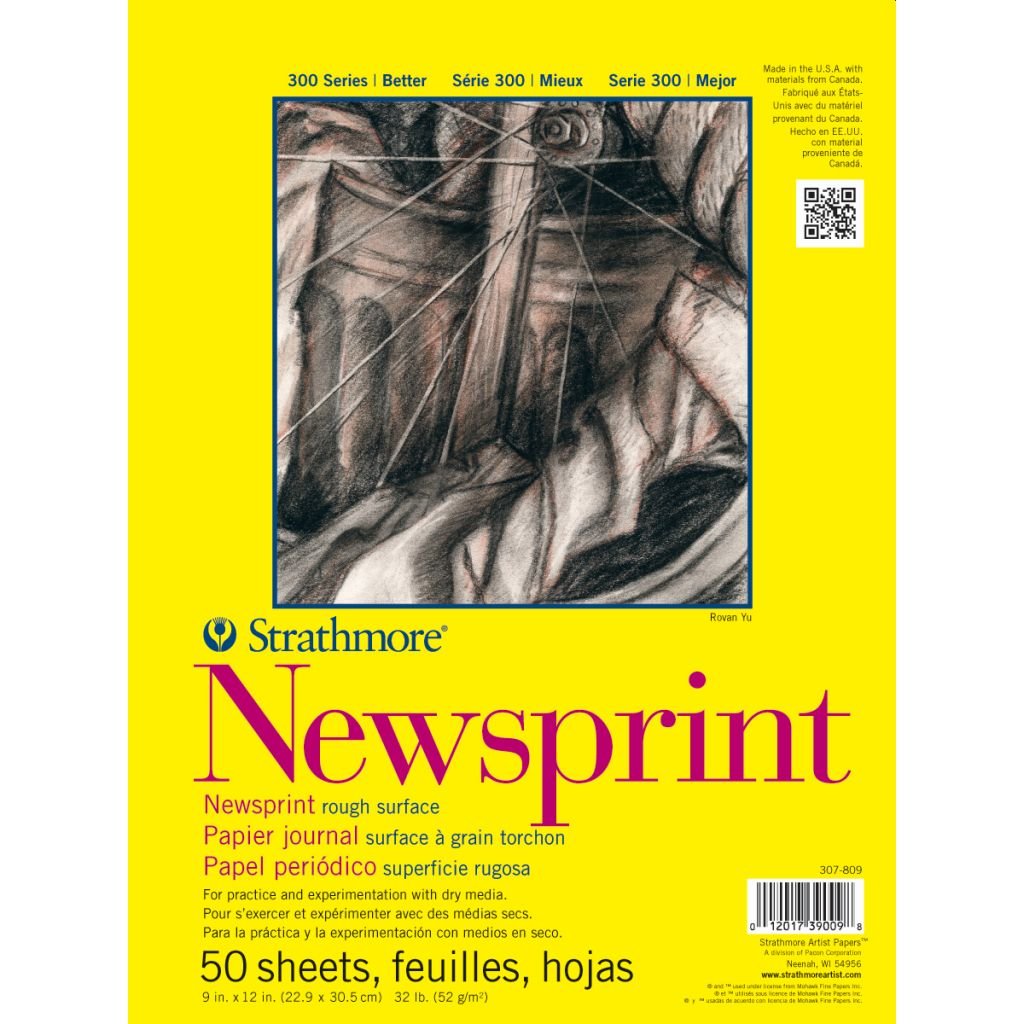 Strathmore 300 Series Newsprint 9'' x 12'' Off- White Rough 52 GSM Short Side Tape Pad of 50 Sheets