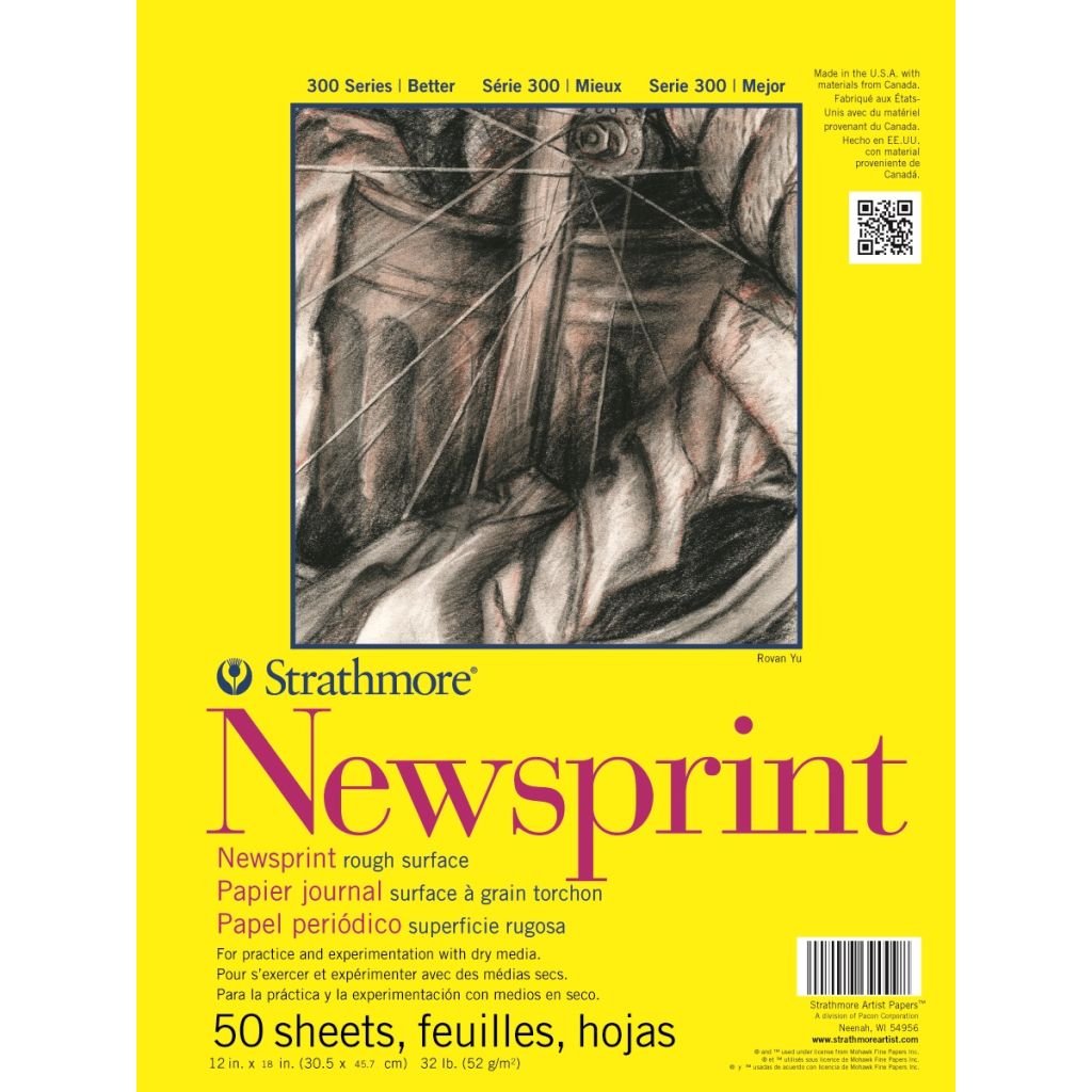 Strathmore 300 Series Newsprint 12''x18'' Off-White Fine Grain 52 GSM Paper, Short-Side Tape Bound Pad of 50 Sheets