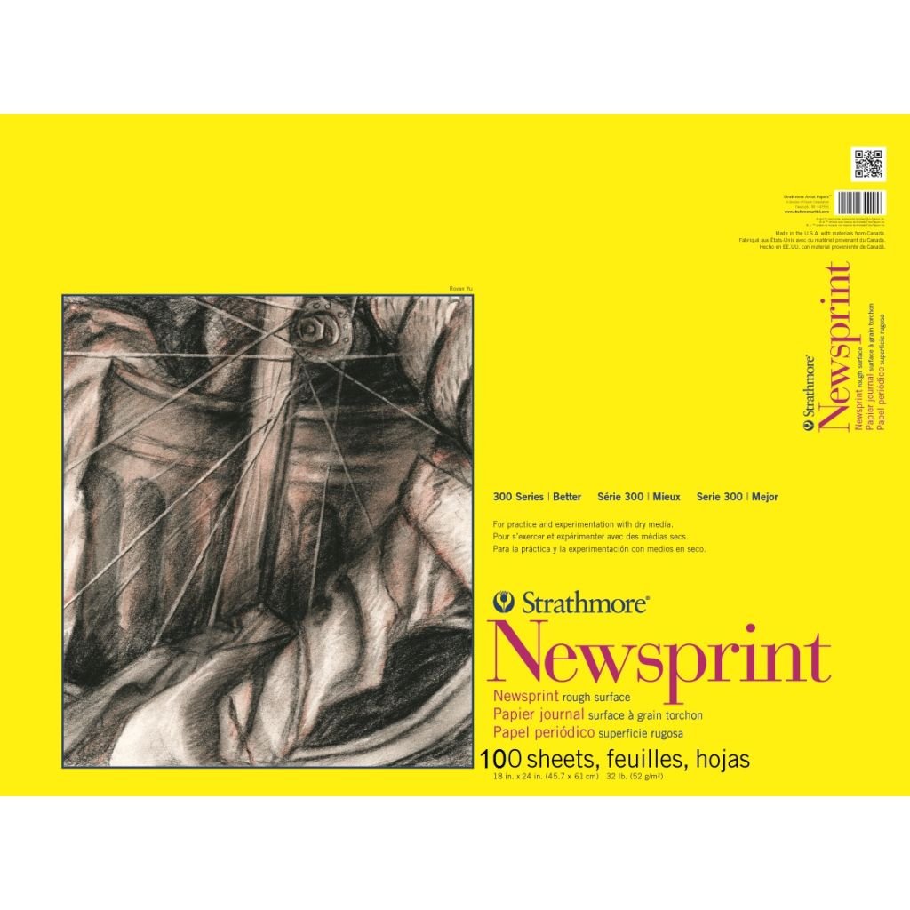 Strathmore 300 Series Newsprint 18''x24'' Off-White Fine Grain 52 GSM Paper, Short-Side Tape Bound Pad of 100 Sheets