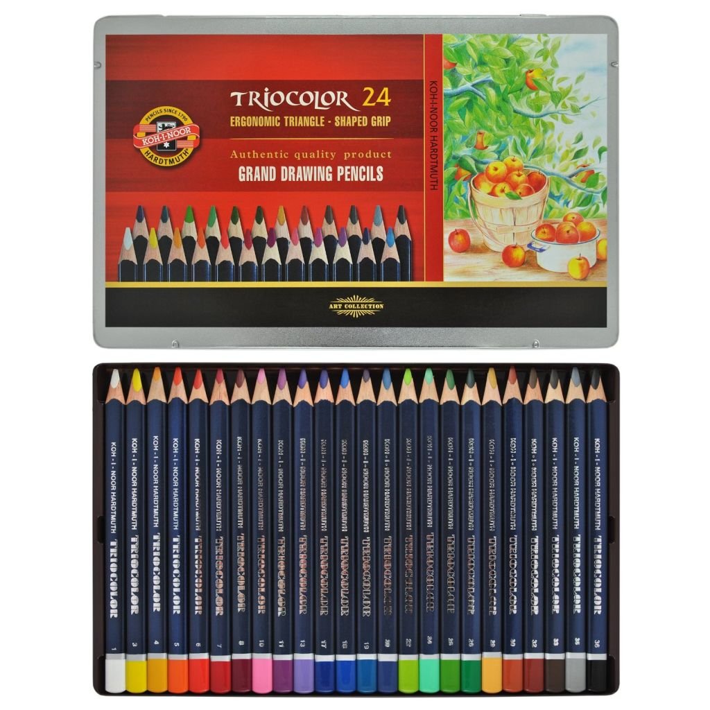 Koh-I-Noor Triocolor Artist's Quality Coloured Pencils - Set of 24 Assorted Colours in Tin Box