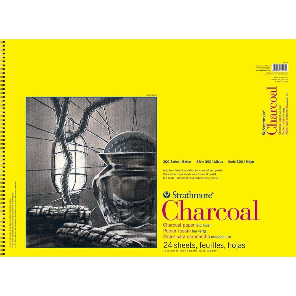 Strathmore 300 Series Charcoal 18''x24'' Natural White Laid 95 GSM Paper, Short-Side Spiral Bound Album of 32 Sheets