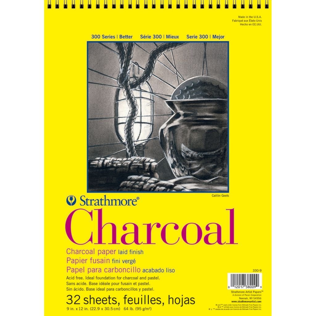 Strathmore 300 Series Charcoal 9''x12'' Natural White Laid 95 GSM Paper, Short-Side Spiral Bound Album of 32 Sheets