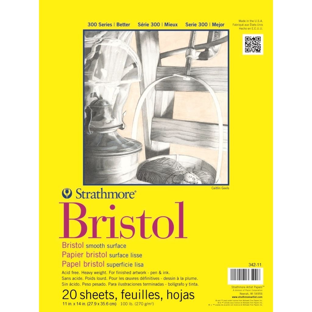 Strathmore 300 Series Bristol Smooth 11''x14'' Extra White Smooth 270 GSM Paper, Short-Side Tape Bound Pad of 20 Sheets